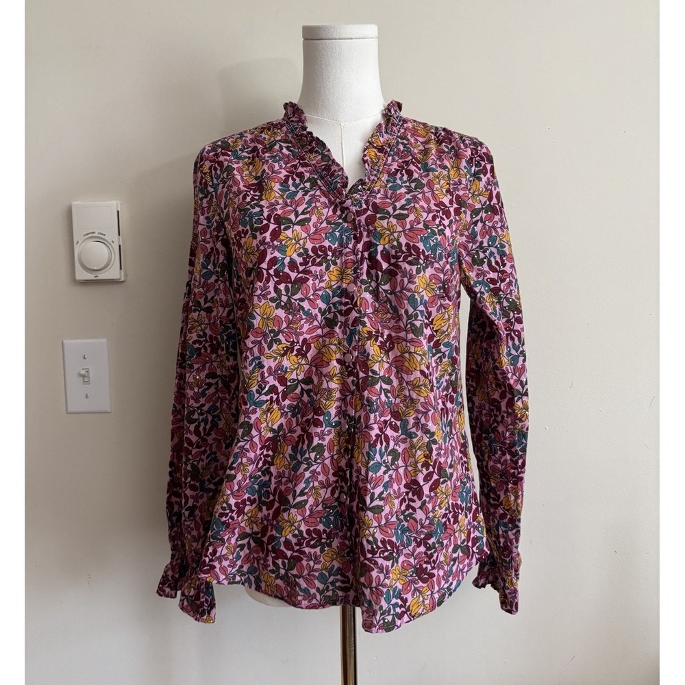 Talbots XS Small Purple Gold Floral Button Up Top V Neck Ruffle Whimsy Fairy